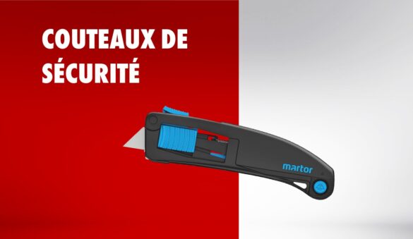 Couteaux de sécurité MARTOR présentés sur un fond rouge et blanc, outils professionnels distribués par Würth.