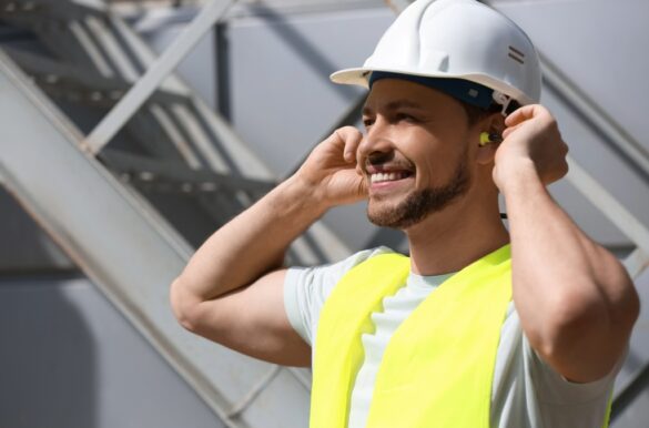 Homme sur chantier qui se protège les oreilles avec des bouchons d'oreilles