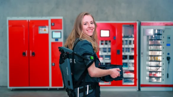 Femme portant un exosquelette passif Würth assurant une aide pour la manutention