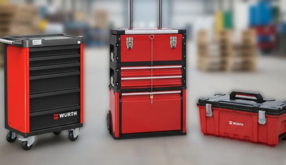 Servante d’atelier Würth, servante 3 en 1 à roulettes et caisse à outils rouge en polypropylène, solutions de rangement pour professionnels.