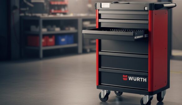 Servante d’atelier professionnelle Würth BASIC noire et rouge avec tiroirs ouverts, idéale pour l’organisation des outils en atelier.