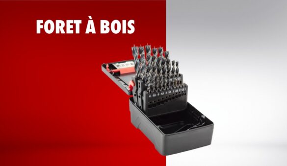 Coffret de forets à bois Würth présenté sur fond rouge et gris, destiné aux professionnels du bâtiment et de la menuiserie.